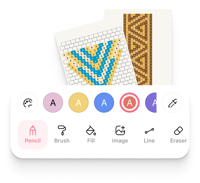 App screenshot showing bead pattern editor with drawing tools