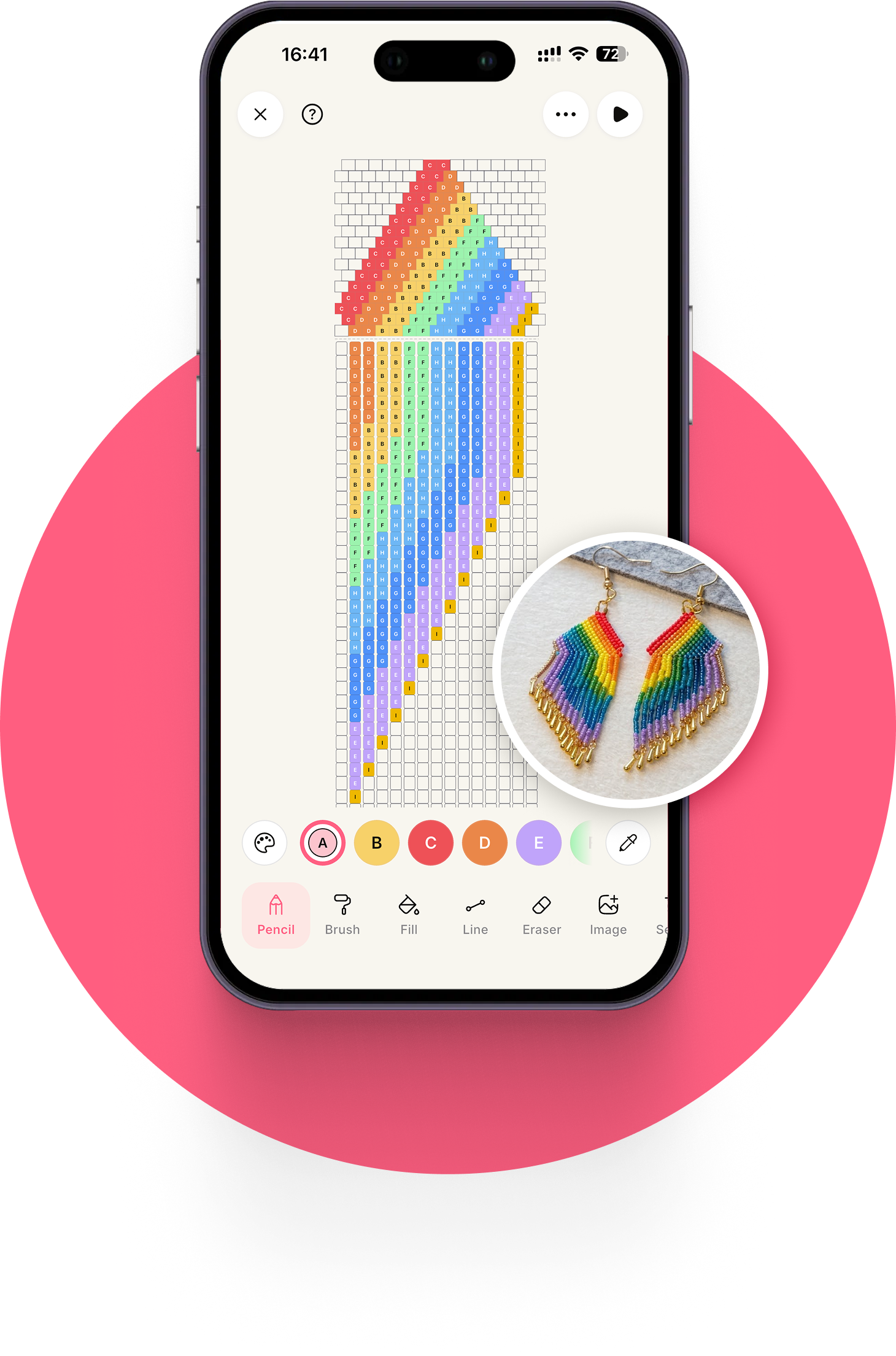 Threadologie app showing bead pattern editor with rainbow fringe earring design